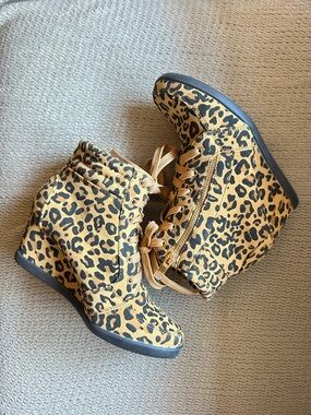 Leopard Print Wedge Ankle Boots in Tan and Black